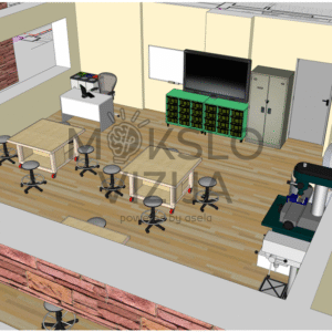 brėžinyje pavaizduotas mūsų pačių suprojektuotas STEAM dirbtuvių sprendimas, skirtas praktiniam technologijų, inžinerijos, kūrybos ir eksperimentavimo mokymuisi