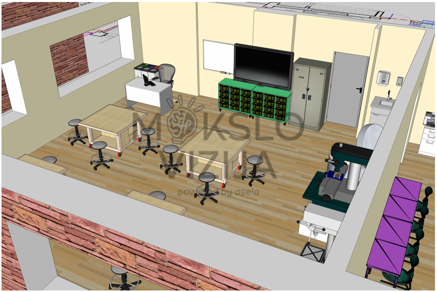 brėžinyje pavaizduotas mūsų pačių suprojektuotas STEAM dirbtuvių sprendimas, skirtas praktiniam technologijų, inžinerijos, kūrybos ir eksperimentavimo mokymuisi