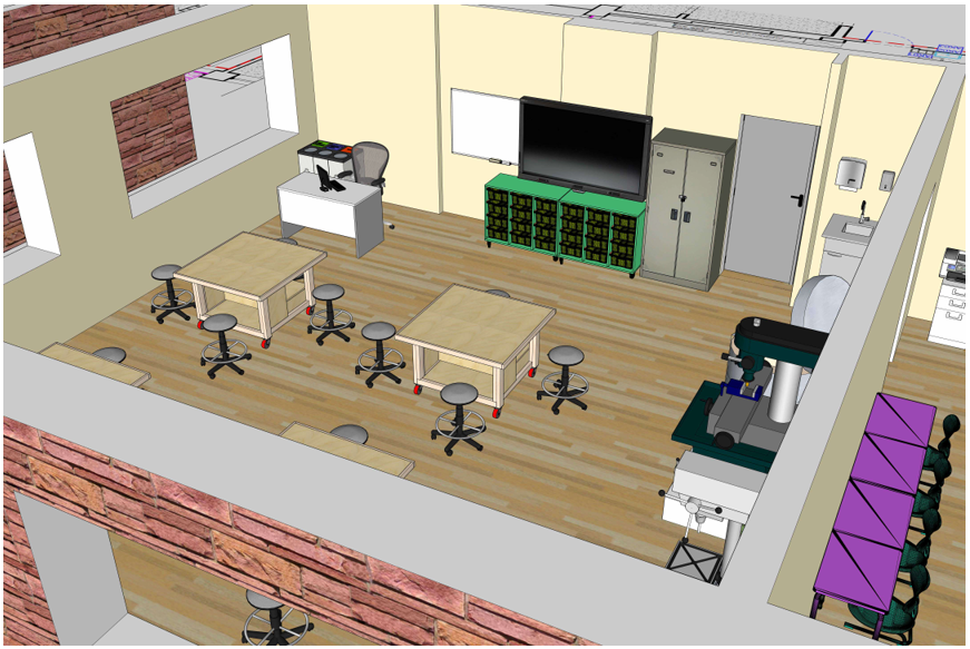 brėžinyje pavaizduotas mūsų pačių suprojektuotas STEAM dirbtuvių sprendimas, skirtas praktiniam technologijų, inžinerijos, kūrybos ir eksperimentavimo mokymuisi