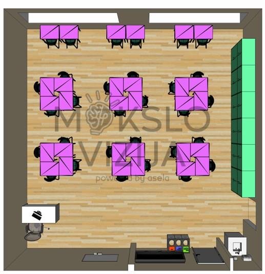 brėžinyje pavaizduotas mūsų pačių suprojektuotas gamtos mokslų laboratorijos sprendimas, skirtas praktiniams biologijos, chemijos, fizikos ir aplinkotyros tyrimams