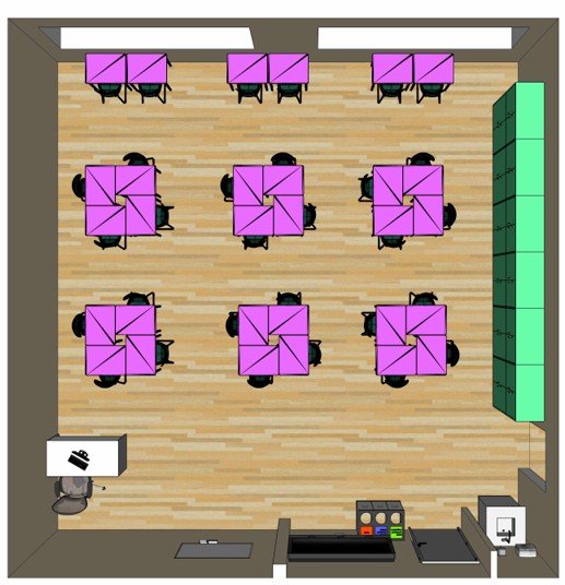 brėžinyje pavaizduotas mūsų pačių suprojektuotas gamtos mokslų laboratorijos sprendimas, skirtas praktiniams biologijos, chemijos, fizikos ir aplinkotyros tyrimams