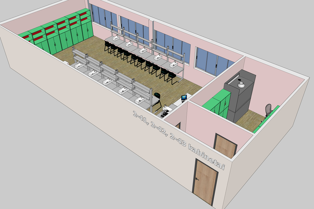 Laboratorijos kab. 2-41 brėžinys su linijiniu darbo vietų išdėstymu, integruotomis plovimo vietomis ir darbo paviršiais, užtikrinantis patogų judėjimą ir aiškią darbo struktūrą.
