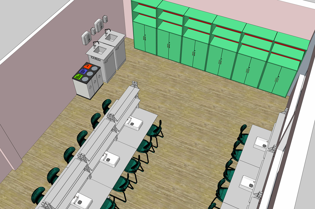 Brėžinys su perimetru išdėstytomis spintelėmis ir laikymo sprendimais reagentams bei laboratorinei įrangai, taip pat suplanuota mokytojo darbo vieta stebėjimui ir demonstracijoms.