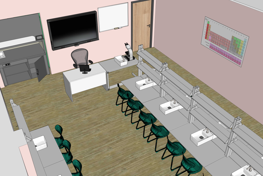 Mokytojo pasiruošimo kambario kab. 2-42 brėžinys su darbo paviršiais, plovimo vietomis ir laikymo spintelėmis, skirtas pasiruošimui pamokoms ir priemonių laikymui atskirai nuo mokinių zonos.