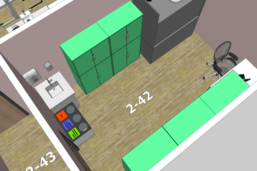 Gamtos mokslų laboratorijos ir pasiruošimo patalpos brėžinys su suderintu baldų išdėstymu, numatant darbo vietas mokiniams, mokytojo zoną ir laikymo sprendimus.