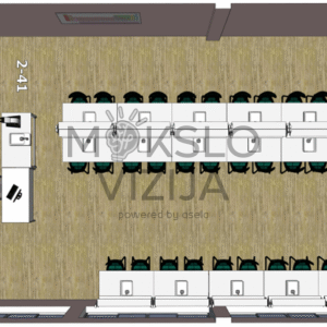 Gamtos mokslų laboratorijos kab. 2-41 ir mokytojo pasiruošimo kambario kab. 2-42 brėžinys su vientisa laboratorinių baldų sistema, pritaikyta saugiam ir efektyviam ugdymui.