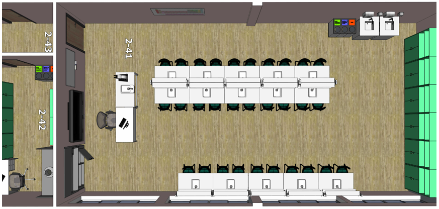 Gamtos mokslų laboratorijos kab. 2-41 ir mokytojo pasiruošimo kambario kab. 2-42 brėžinys su vientisa laboratorinių baldų sistema, pritaikyta saugiam ir efektyviam ugdymui.