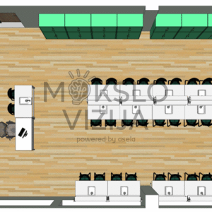 brėžinyje pavaizduotas mūsų pačių suprojektuotas gamtos mokslų kabineto (kab. Nr. 2.22) ir paruošiamosios patalpos (kab. Nr. 2.23) sprendimas