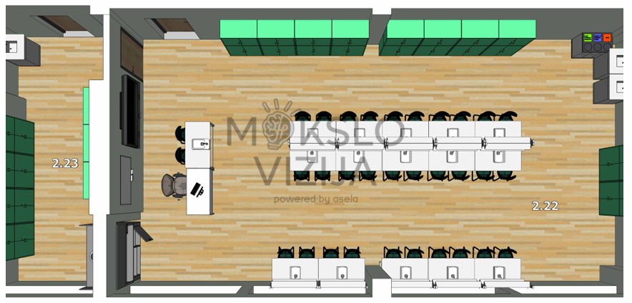 brėžinyje pavaizduotas mūsų pačių suprojektuotas gamtos mokslų kabineto (kab. Nr. 2.22) ir paruošiamosios patalpos (kab. Nr. 2.23) sprendimas