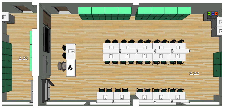 brėžinyje pavaizduotas mūsų pačių suprojektuotas gamtos mokslų kabineto (kab. Nr. 2.22) ir paruošiamosios patalpos (kab. Nr. 2.23) sprendimas