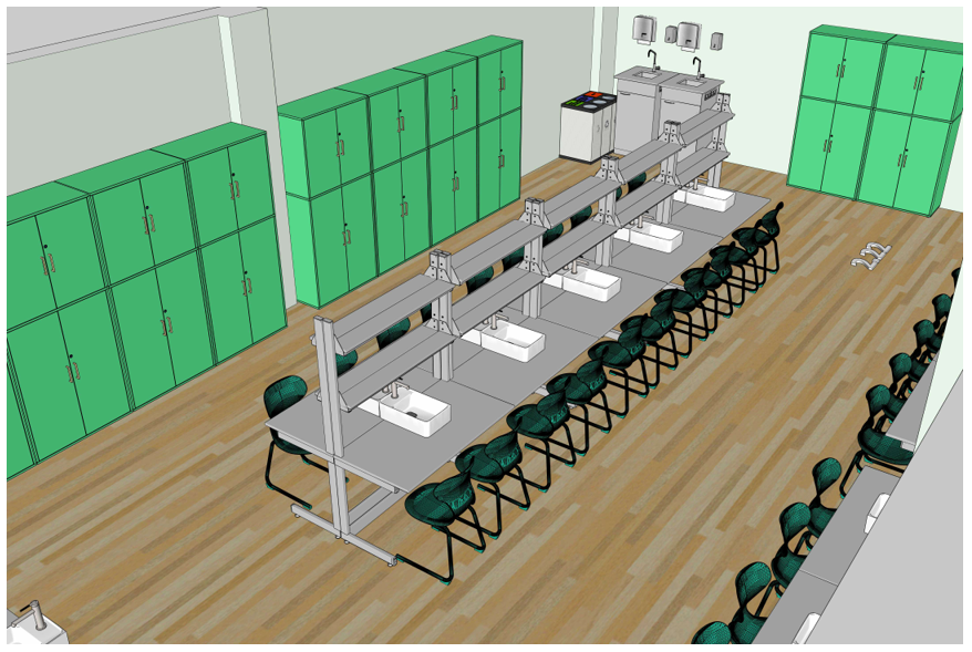 Gamtos mokslų kabineto brėžinys su aiškiais praėjimais ir gera matomumo struktūra, leidžiantis derinti teorinį aiškinimą su praktiniais bandymais pamokos metu.