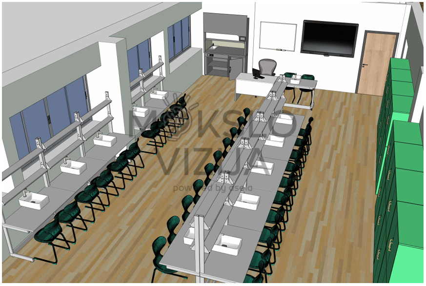 Pagrindinio gamtos mokslų kabineto kab. 2.22 brėžinys su linijiniu darbo vietų išdėstymu, pritaikytu mokinių darbui poromis ar mažomis grupėmis.