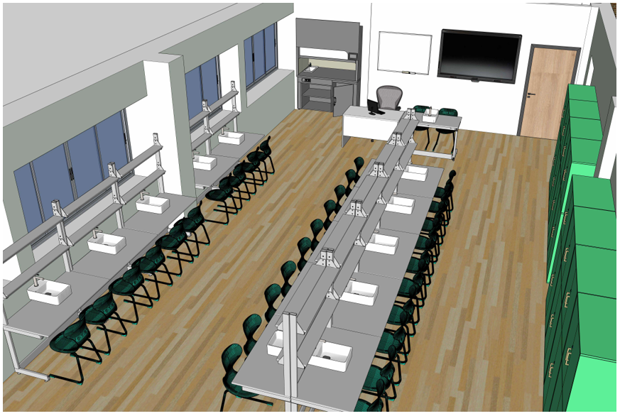 Pagrindinio gamtos mokslų kabineto kab. 2.22 brėžinys su linijiniu darbo vietų išdėstymu, pritaikytu mokinių darbui poromis ar mažomis grupėmis.