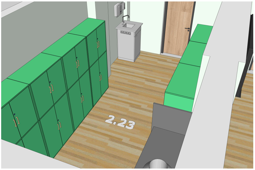 Gamtos mokslų kabineto kab. 2.22 ir paruošiamosios patalpos kab. 2.23 brėžinys su vientisa laboratorinių baldų sistema, skirta integruotam ugdymui ir saugioms praktinėms veikloms.