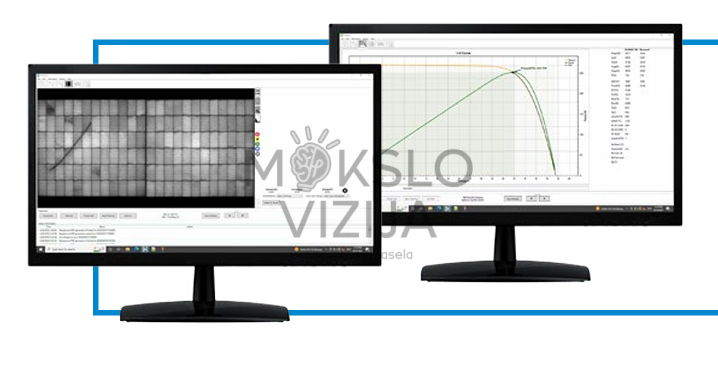 Kompiuterio ekranai su saulės modulio I–V charakteristikos grafiku ir elektroliuminescencijos diagnostikos vaizdu.