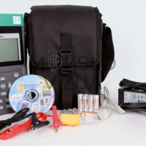 Saulės modulių analizatoriaus komplektas su dėklu, laidais, įkrovikliu, baterijomis ir programinės įrangos disku fotovoltinių modulių diagnostikai.