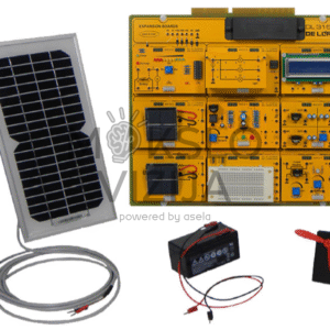 Saulės energijos mokymo komplektas su laboratorine plokšte, saulės moduliu, akumuliatoriumi ir mažos galios generatoriumi.