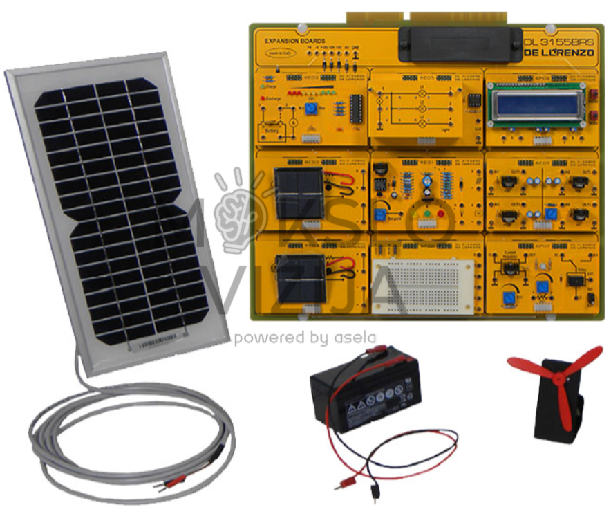 Saulės energijos mokymo komplektas su laboratorine plokšte, saulės moduliu, akumuliatoriumi ir mažos galios generatoriumi.