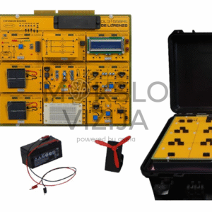 Fotovoltinės saulės energijos mokymo rinkinys su saulės moduliu, eksperimentine plokšte, akumuliatoriumi, apkrovos moduliu ir transportavimo dėklu praktiniam mokymui.