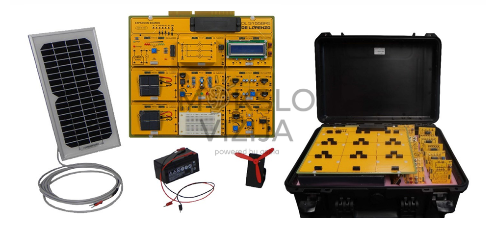 Fotovoltinės saulės energijos mokymo rinkinys su saulės moduliu, eksperimentine plokšte, akumuliatoriumi, apkrovos moduliu ir transportavimo dėklu praktiniam mokymui.