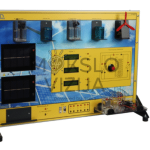 Atsinaujinančios energijos mokymo stendas su saulės moduliais, vėjo turbinos modeliu, matavimo prietaisais ir vandenilio kuro elemento sistema laboratoriniam mokymui.