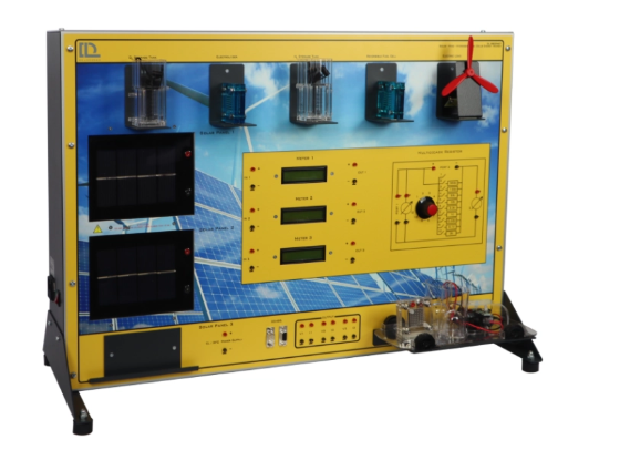 Atsinaujinančios energijos mokymo stendas su saulės moduliais, vėjo turbinos modeliu, matavimo prietaisais ir vandenilio kuro elemento sistema laboratoriniam mokymui.