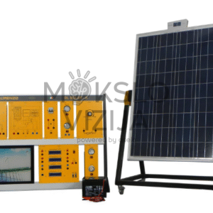 Saulės fotovoltinės energijos mokymo sistema su valdymo skydeliu ir reguliuojamo kampo saulės moduliu, skirta elektros gamybos ir matavimų demonstravimui.