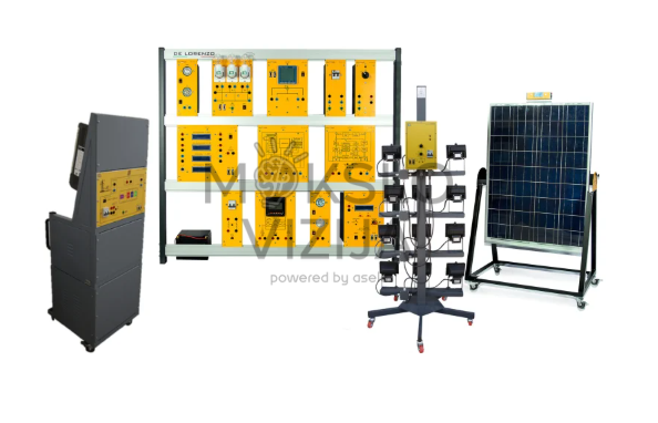 Hibridinės saulės energijos mokymo sistema su fotovoltiniu moduliu, saulės šviesos simuliatoriumi, valdymo moduliais ir matavimo stendu energijos kaupimo bei prijungimo prie tinklo bandymams.