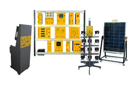 Hibridinės saulės energijos mokymo sistema su fotovoltiniu moduliu, saulės šviesos simuliatoriumi, valdymo moduliais ir matavimo stendu energijos kaupimo bei prijungimo prie tinklo bandymams.