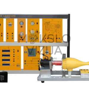 Vėjo energijos mokymo stendas su geltonais moduliais, valdymo ir matavimo įranga bei vėjo turbinos generatoriaus imitatoriumi ant metalinio pagrindo.