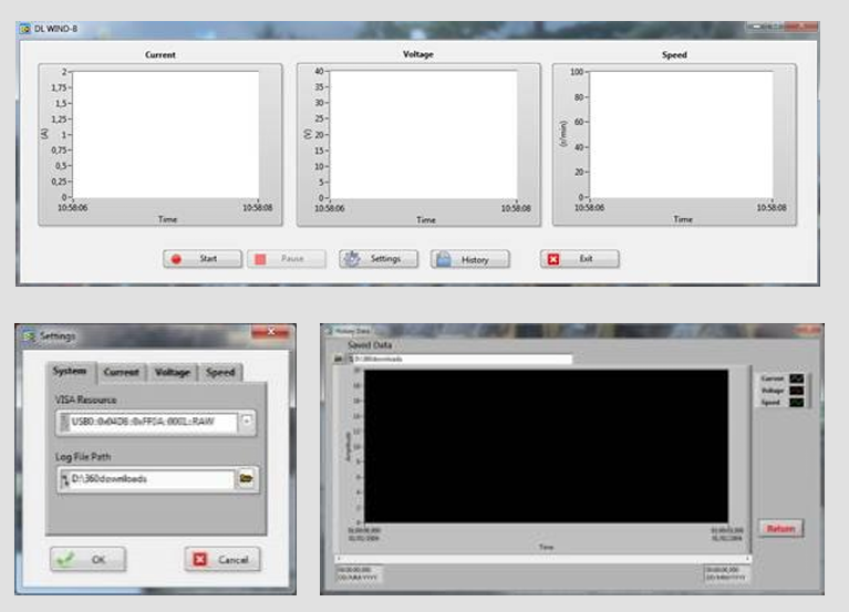 Vėjo energijos treniruoklio su vėjo tuneliu programinės įrangos langas, rodantis srovės, įtampos ir greičio grafikus laiko atžvilgiu.