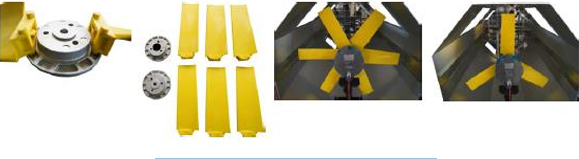 Horizontalios ašies vėjo turbinos geltonos mentės ir rotoriaus dalys eksperimentams su skirtingu mentių skaičiumi.