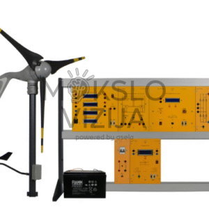 Mikro tinklo vėjo jėgainės treniruoklis su lauke montuojama trijų fazių turbina, laboratoriniais valdymo ir matavimo moduliais bei 100 Ah akumuliatoriumi atsinaujinančios energetikos studijoms.