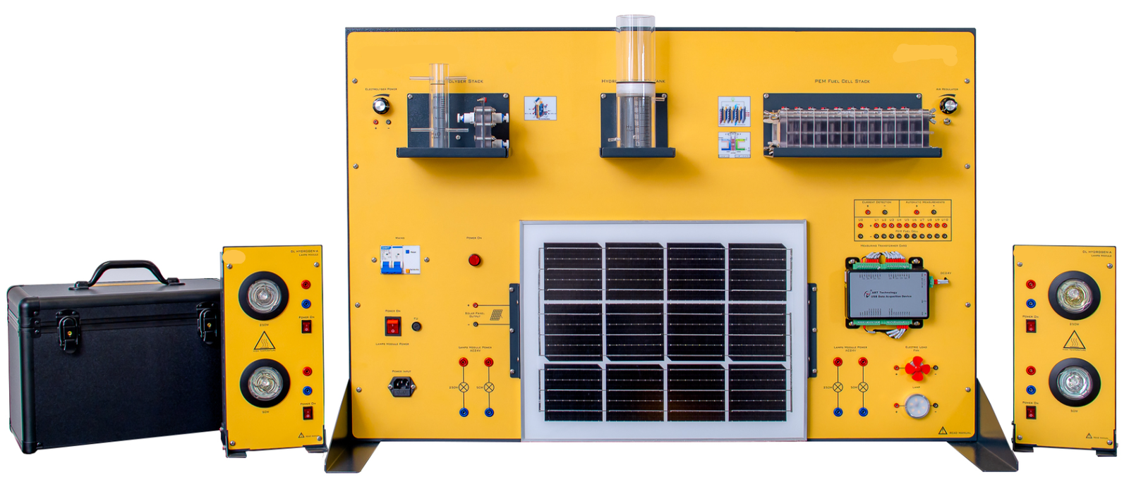 DL HYDROGEN-GREEN mokomasis stendas su saulės moduliu, elektrolizatoriumi, vandenilio talpa ir kuro elementų paketu elektros gamybos bandymams.