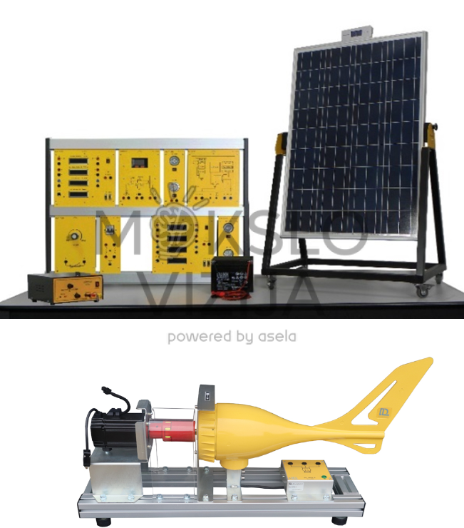 DL SUNWIND-OG saulės ir vėjo energijos mokomasis stendas su fotovoltiniu paneliu, valdymo moduliais ir vėjo turbinos simuliatoriumi.