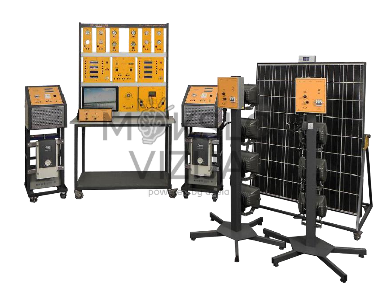 Hibridinis saulės ir vėjo energijos laboratorinis stendas su fotovoltiniu moduliu, vėjo generatoriaus simuliatoriumi, inverteriais ir baterijų banku