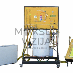Saulės šiluminės energijos mokomasis stendas su akumuliacine talpa, valdymo moduliu, saulės kolektoriaus simuliatoriumi ir konvektoriniu šildytuvu ant ratukų.