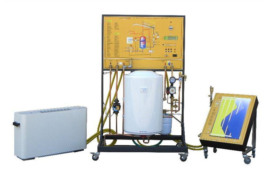 Saulės šiluminės energijos mokomasis stendas su akumuliacine talpa, valdymo moduliu, saulės kolektoriaus simuliatoriumi ir konvektoriniu šildytuvu ant ratukų.