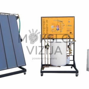 Saulės šiluminės energijos mokymo sistema su realiu plokščiuoju kolektoriumi, akumuliacine talpa, valdymo moduliu ir konvektoriniu šildytuvu ant mobilių rėmų
