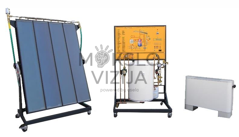 Saulės šiluminės energijos mokymo sistema su realiu plokščiuoju kolektoriumi, akumuliacine talpa, valdymo moduliu ir konvektoriniu šildytuvu ant mobilių rėmų