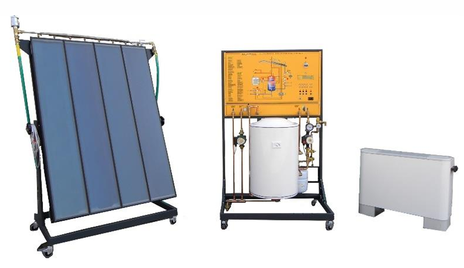 Saulės šiluminės energijos mokymo sistema su realiu plokščiuoju kolektoriumi, akumuliacine talpa, valdymo moduliu ir konvektoriniu šildytuvu ant mobilių rėmų