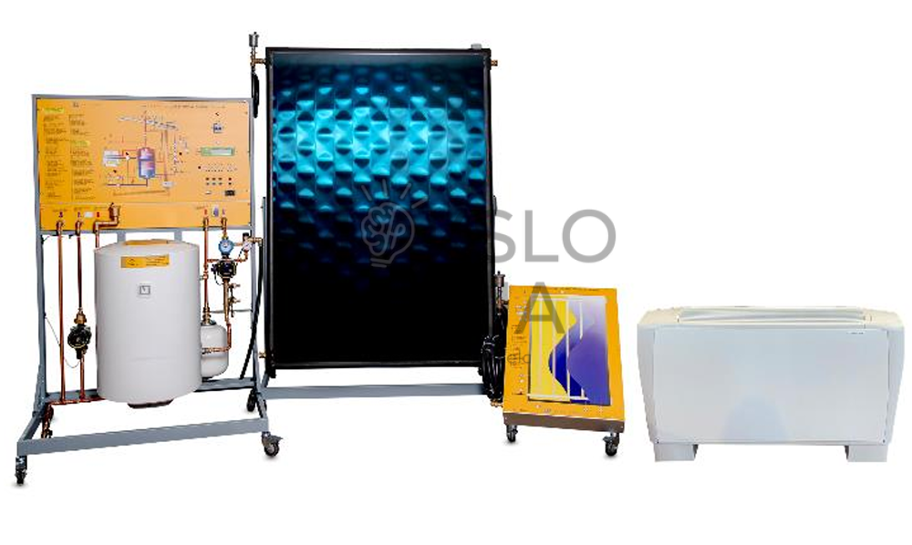 Saulės šiluminės energijos mokymo sistema DL THERMO-A12 su valdymo moduliu, karšto vandens talpa, realiu saulės kolektoriumi, simuliuojamu kolektoriumi ir konvektoriniu šildytuvu.