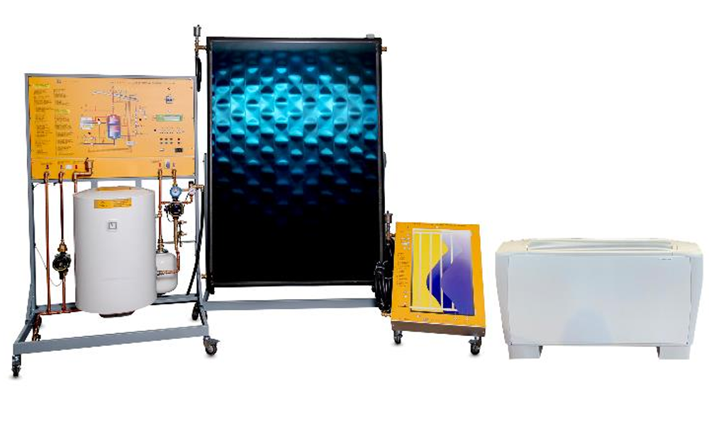 Saulės šiluminės energijos mokymo sistema DL THERMO-A12 su valdymo moduliu, karšto vandens talpa, realiu saulės kolektoriumi, simuliuojamu kolektoriumi ir konvektoriniu šildytuvu.