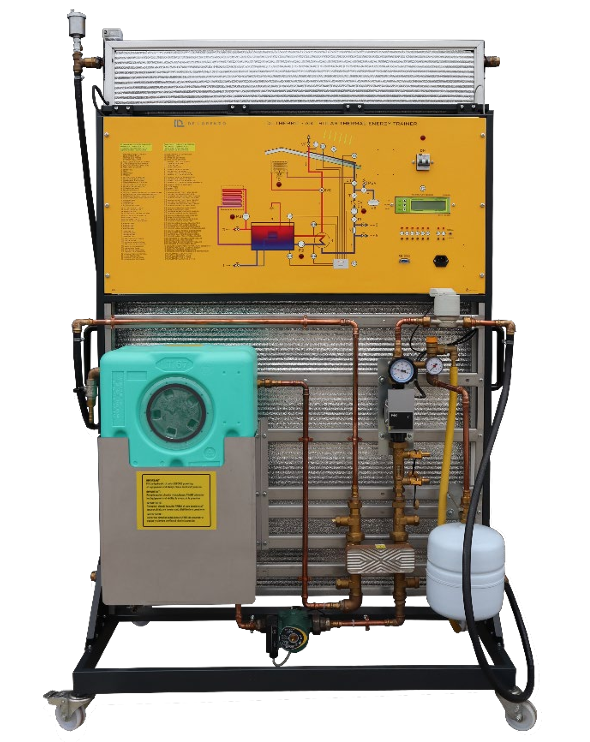 Saulės šiluminės energijos mokymo sistema DL THERMO-A3 su valdymo pultu, akumuliacine talpa, cirkuliaciniais siurbliais, plokšteliniu šilumokaičiu, temperatūros jutikliais ir reguliuojamu saulės kolektoriumi profesiniam atsinaujinančios energetikos mokymui