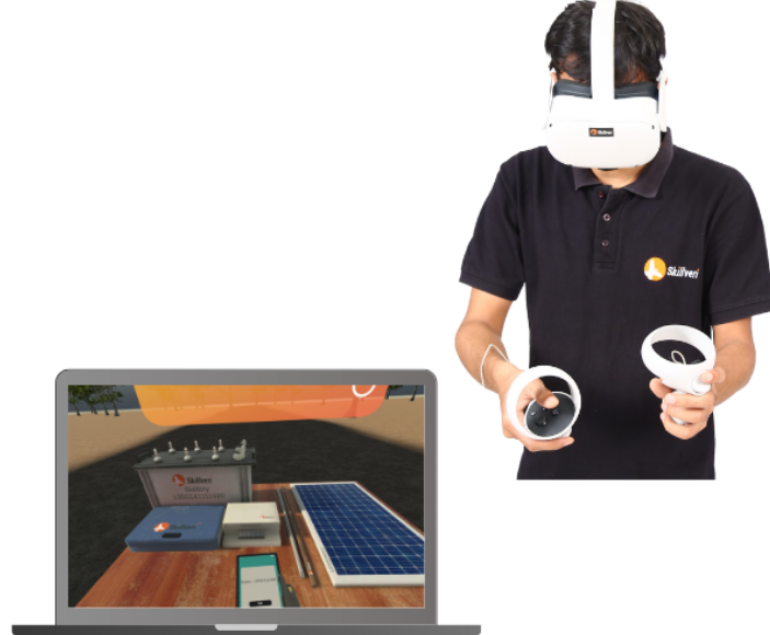 Skillveri Solis VR saulės modulių montavimo simuliatoriaus demonstracija su VR akiniais, valdikliais ir kompiuterio ekrane rodomu saulės modulių montavimo scenarijumi.