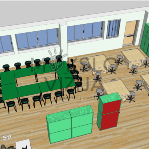 Technologijų dirbtuvių (1.59) ir įrangos kabineto (1.60) brėžinys su darbo zonomis, mokytojo vieta ir spintelėmis perimetru.