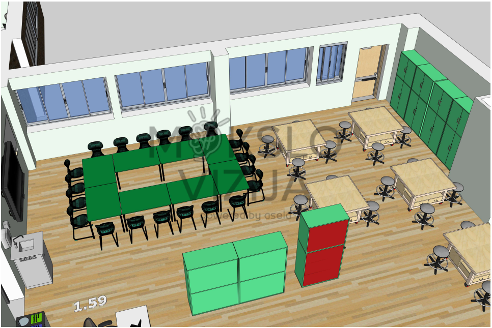 Technologijų dirbtuvių (1.59) ir įrangos kabineto (1.60) brėžinys su darbo zonomis, mokytojo vieta ir spintelėmis perimetru.