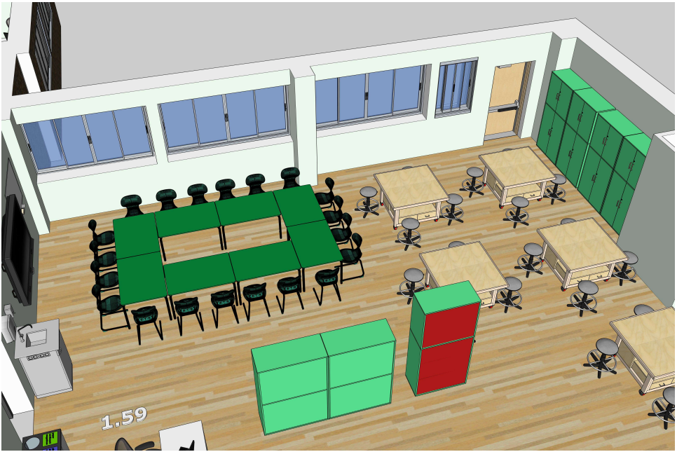 Technologijų dirbtuvių (1.59) ir įrangos kabineto (1.60) brėžinys su darbo zonomis, mokytojo vieta ir spintelėmis perimetru.