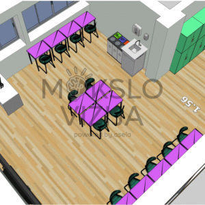 Kompiuterių klasės brėžinys su mokinių darbo vietomis, mokytojo zona ir aiškiu matomumu.