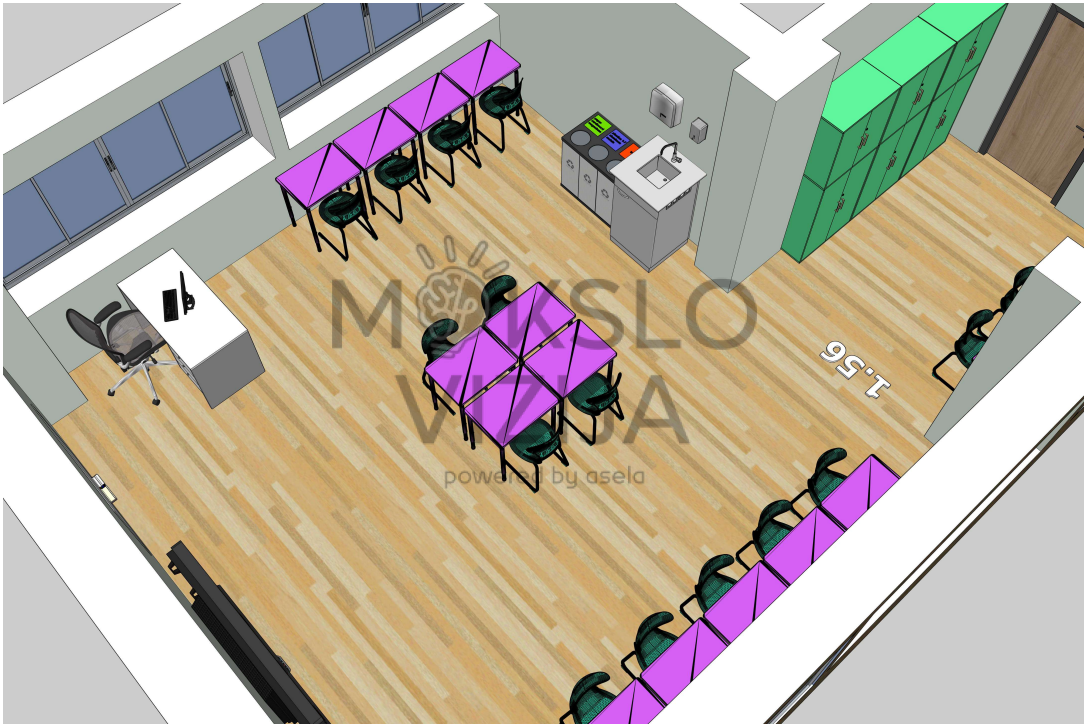 Kompiuterių klasės brėžinys su mokinių darbo vietomis, mokytojo zona ir aiškiu matomumu.